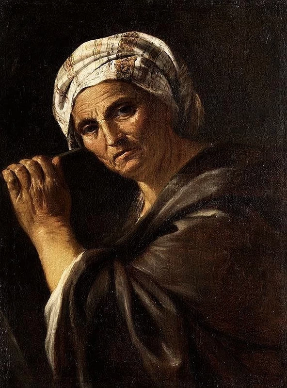 Ritratto di donna anziana con scialle a righe